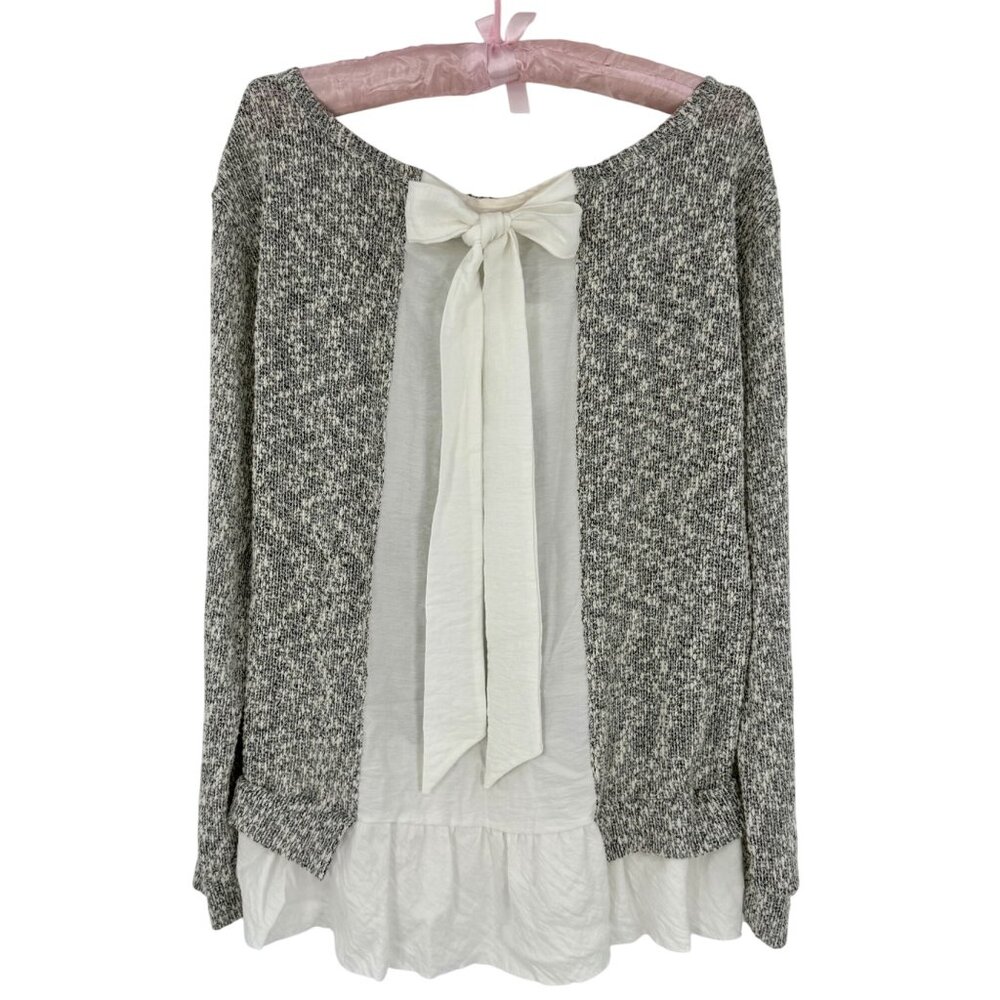Anthropologie X Clu Willoughby Shimmer Knit Ruffle Hem Bow Back L/S Top - Picture 2 of 16